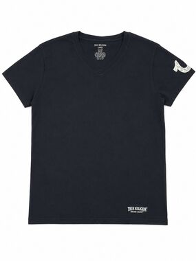 True Religion Men's Black V-Neck Tee with Silver Logo Accents Size Large